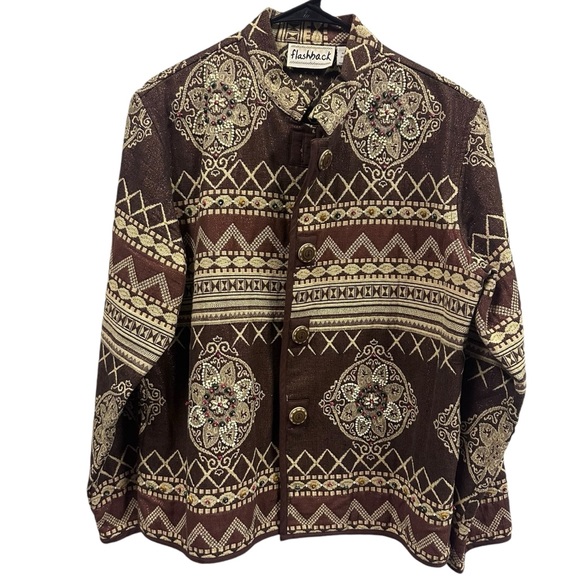 Vintage Flashback Brown Bronze Tapestry Print with Beads Button Up Jacket Large - Picture 5 of 8